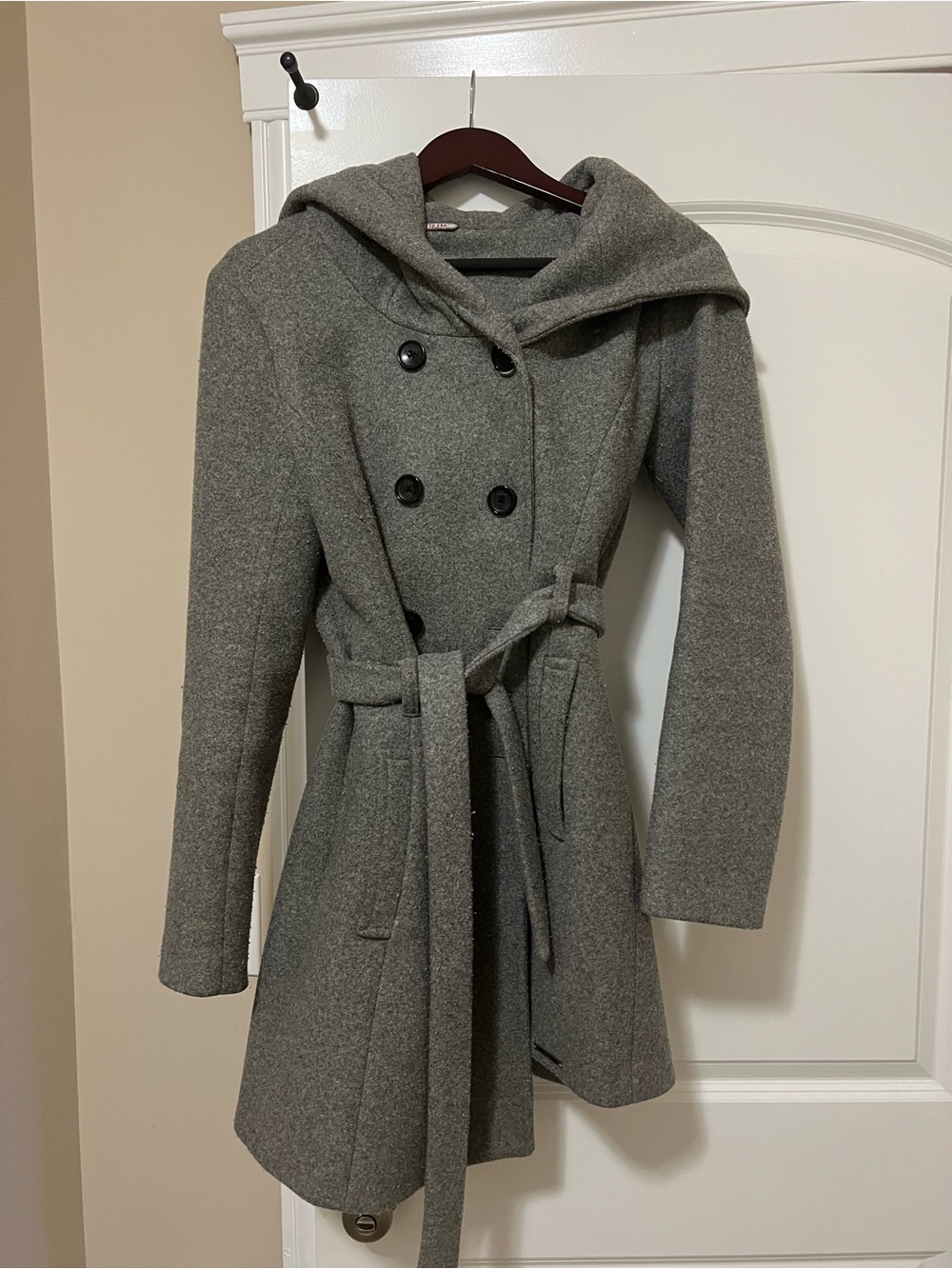 Womens Gray Hooded Wool-Blend Double-Breasted Coat with Belt